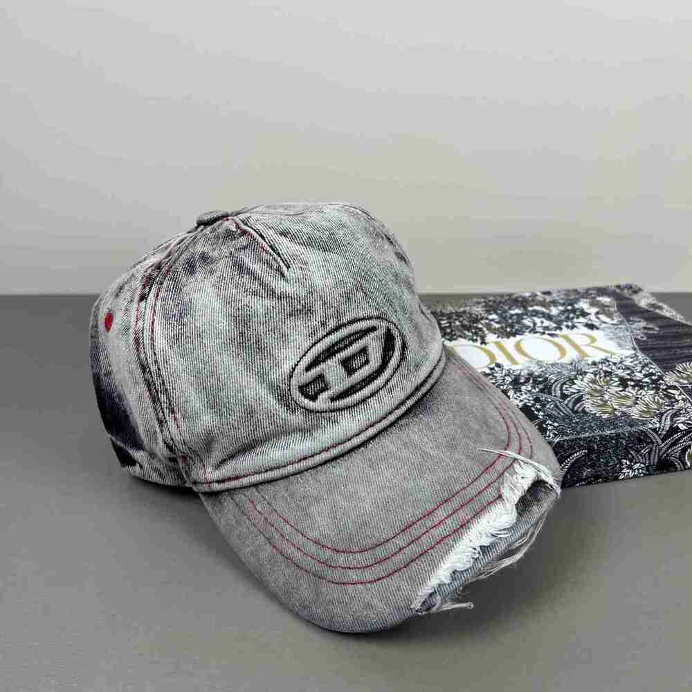 Diesel Grey Acid Wash Oval D Logo Distressed Baseball Cap